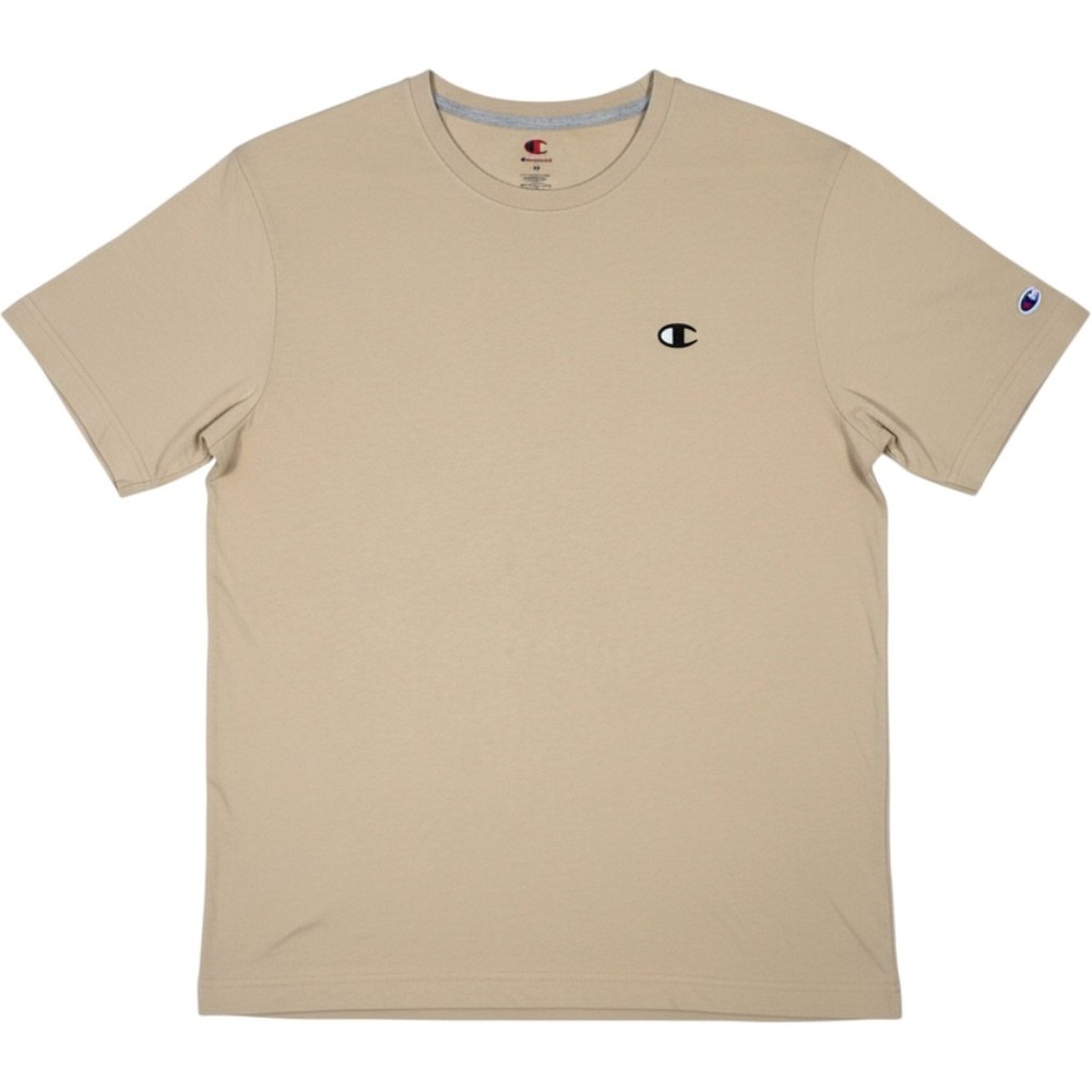 Champion Mens Tan Beige Short Sleeve Crewneck T-Shirt Medium Embroidered Logo